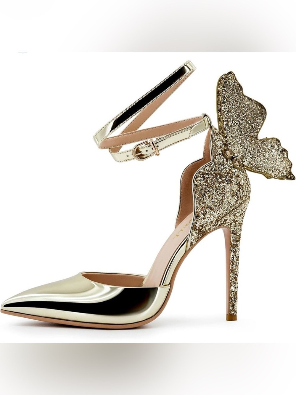 Findvell Gold and Glitter Stiletto Pointed Toe Ankle Strap Pump w/Butterfly-Sz 8